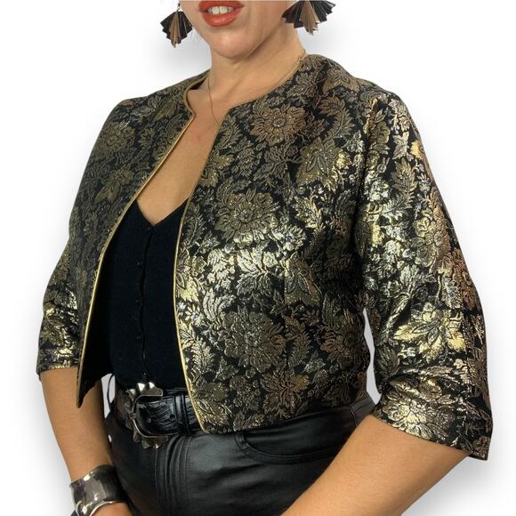 1950's MISS ELLIETTE of CALIFORNIA woven gold and black floral cropped jacket - Picture 12 of 14